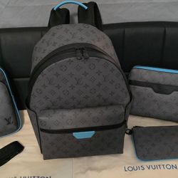 Louis Vuitton Monogram Eclipse Backpack & Accessories Set with Blue Trim