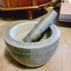 Large Mortar and Pestle Grey Granite Hand Crusher Kitchen Spices Herbs Grinder Mixing

