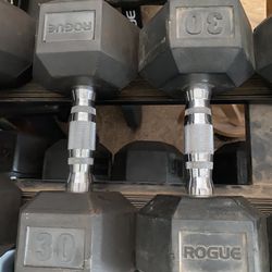 30lb Rogue Hex Rubber Dumbbell Set Weights 