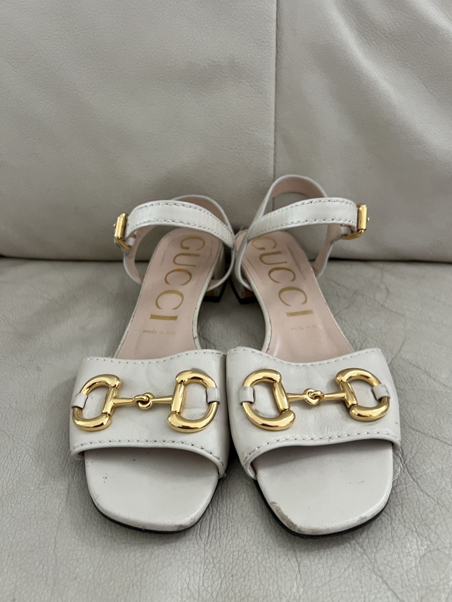 Gucci Cream Leather Horsebit Block Heel Slide Sandals