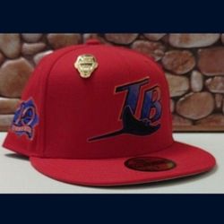 Tampa Bay DEVIL RAYS Size 7 New Era 59FIFTY RED "10TH ANNIVERSARY" SIDEPATCH HAT (NWT) COMES W/PIN! Please Read Description.