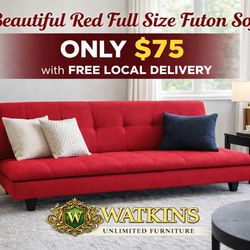 Beautiful Red Full Size Futon Sofa – ONLY $75 (FREE Local Delivery)