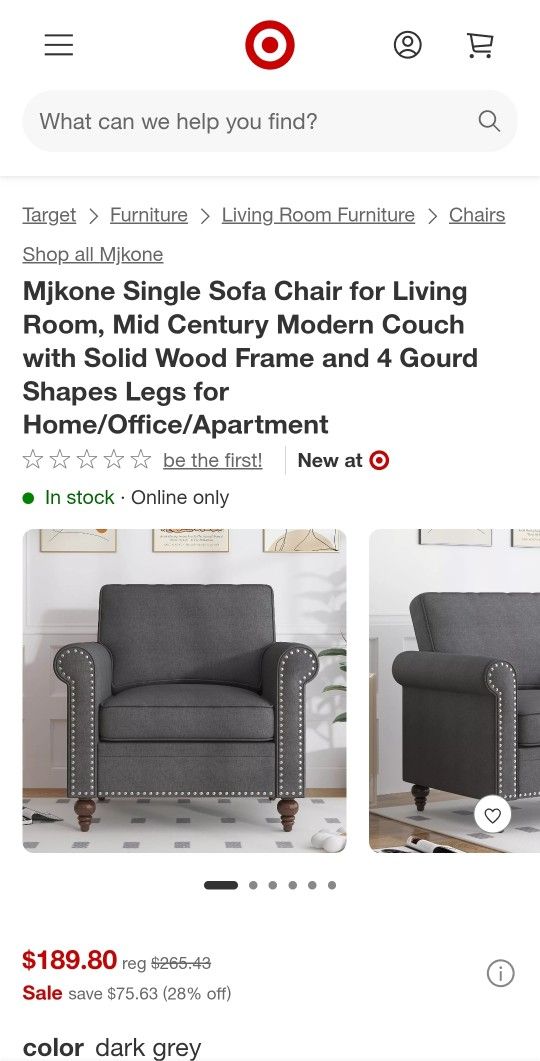 Mjkone Single Sofa Chair for Living Room, Mid Century Modern Couch with Solid Wood Frame and 4 Gourd Shapes Legs