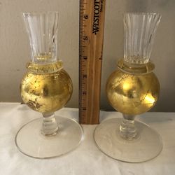 Rare Set 2 UNION STREET GLASS 23k Gold Leaf Candle Holders Retired 