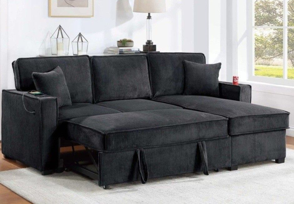 ✅️✅️ Black Convertible Sectional W/ Cup Holder & W/ USB Port✅️✅️
