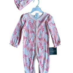 NWT Laura Ashley Sleep and Play Pajamas Cap Beanie Bow Ruffle Butt Pink Snap