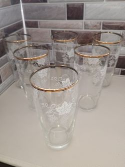 Gold Rim Etched Grapevine China Glasses 6