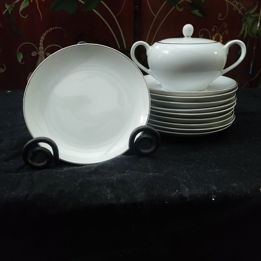 10 Salad China Plates by Harmony House "Simone" & Sugar Container W/ Lid with Platinum edge