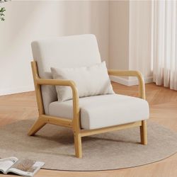 Solid Wood Accent Chair Mid-Century Modern Lounge Armchairs, Fabric Upholstered Soft Comfy Living Room Chairs with Armrest Waist Cushion Pillow
