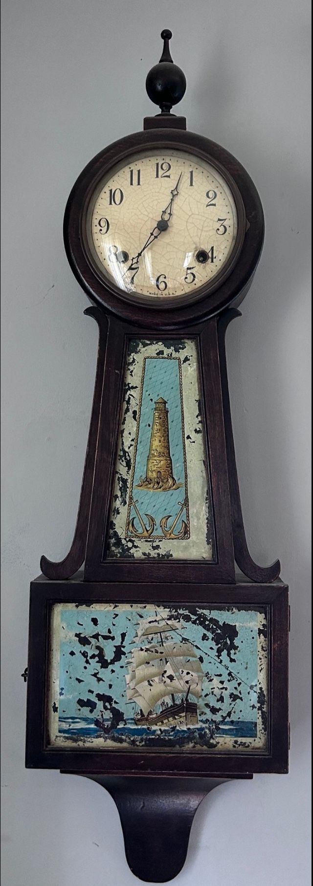 ANTIQUE SESSIONS REVERSE PAINTED LIGHTHOUSE BANJO CLOCK WITH KEY