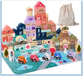 Lewo 115 PCS Wooden Building Blocks with City Map Construction Building Sets City Building Blocks Stacking Blocks Preschool Educational Learning Toys 