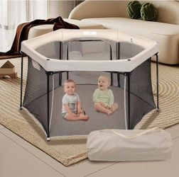 Baby Playpen 53x53 Inch, Indoor/Outdoor Portable Play Yard No Extra pad Required with Breathable Mesh Walls, Enclosed Safe Space for Babies, Quick Fol
