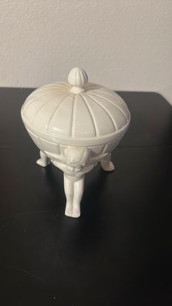 White Ceramic Lidded Dish with Figural Legs