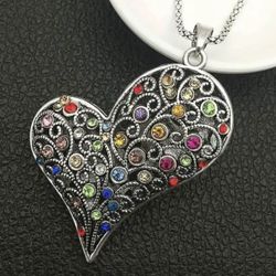 💖New! Ornate Heart Pendant w Colored Rhinestones & 30” Chain & Gift Bag