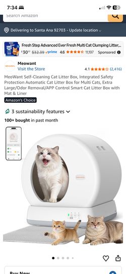 MeoWant Self-Cleaning Cat Litter Box, Integrated Safety Protection Automatic Cat Litter Box for Multi Cats, Extra Large/Odor Removal/APP Control Smart
