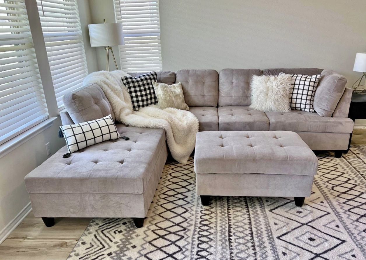 New COSTCO Gray Chenille Sectional Couch And Ottoman