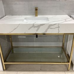 48” Bathroom Vanity Cabinet Quartz Top Glass Shelf With 4” Thick Quartz Top With Ceramic Ready For Pick Up Today 