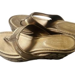 Coach Jody Bronze/Gold Metallic Leather Logo Wedge Thong Sandals, 8M