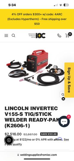 LINCOLN INVERTEC V155-S TIG/STICK WELDER READY-PAK