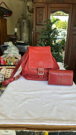 Red Leather Backpack and Wallet Set