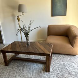 Brand new Leather corner sofa and recycled wood coffee table