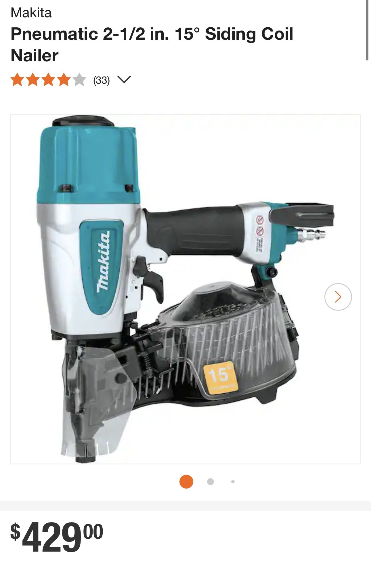 Makita Pneumatic 2-1/2 15 Degree Sliding Coil Nailer