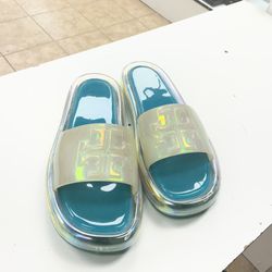 Tory Burch Bubble Jelly Iridescent Slide Sandals – Tonal Embossed Monogram