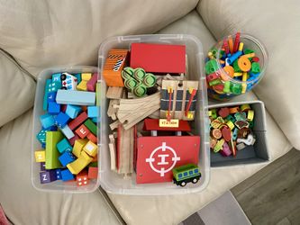 Wooden Train Track, Building Blocks, Lacing Beads, And Tinker Toys. Educational/Building Toy Bundle