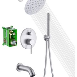 Brushed Nickel Shower System with Waterfall Tub Spout, 8 Inches Rain Shower and Handheld