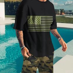 2-piece Men's Summer Casual Sports Outfit Set, Men's Flag Print Short Sleeve T-shirt & Camo Shorts Set