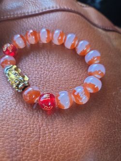 Orange White Bead Bracelet with Gold Pixiu Charm