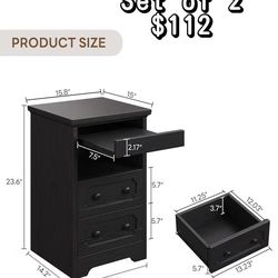 😀 2Pcs LIKIMIO Nightstand, Night Stand with Pull Out Tray, Wooden Bedside Table with 2 Drawers and Open Shelf, Side Table for Bedroom, Black