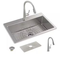KOHLER Cursiva 18-Gauge Stainless Steel 33 in. Single Bowl Drop-In Kitchen Sink with Faucet