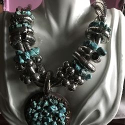 Vintage Statement Necklace Turquoise Layered Breaded  Tubes Silver Tone - Turquoise Wood  Pendant 