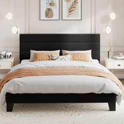 King Bed Frame, Platform Bed Frame with Velvet Upholstered Headboard, Black