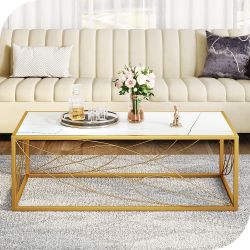 47.2" Gold Modern Rectangle Coffee Table with white Sintered Stone Table Top