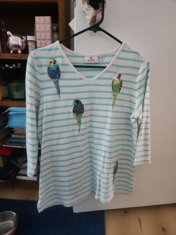 Striped Top with Sequin Parakeet Embellishments