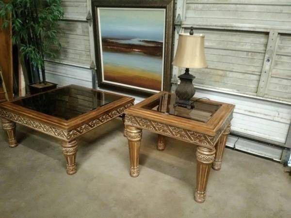 Classic Rust Finish Detailed Native Hand Carvings Hard Wood Coffee + End Table