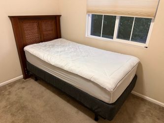 Twin bed mattress, box frame, rails, and headboard