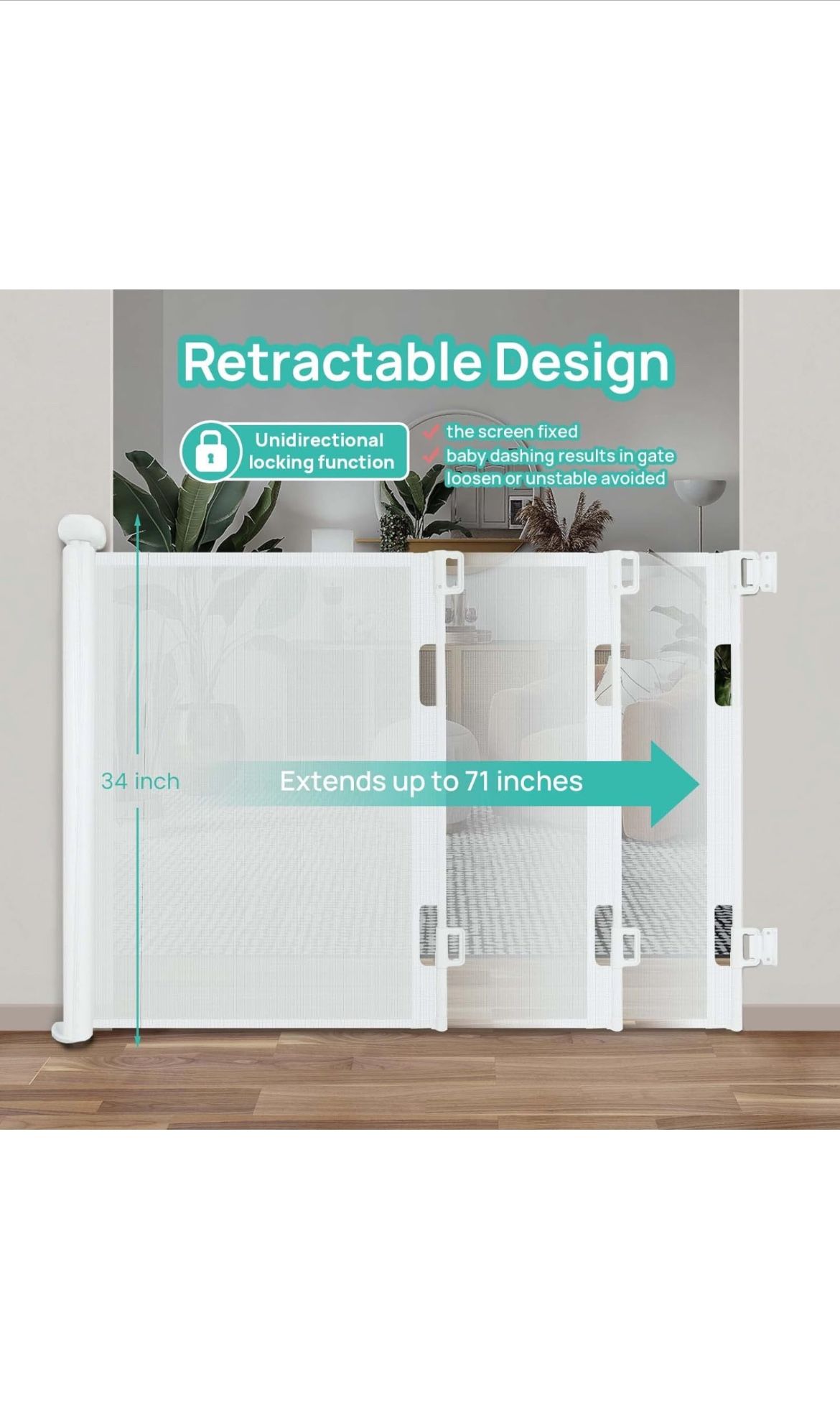 PETGOD Retractable Baby Gate, Upgraded One-Way Lock Mesh Dog Gate Tall 34”, Extends up to 71” Extra Wide Pet Gate and Safety Child Gate