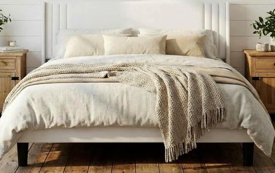 Queen Size Bed Frame with Wingback Headboard Upholstered Platform Bed