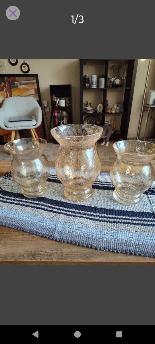 ($15) New Set Of 3 Amber Colored Glass Hurricane Candle Holders 