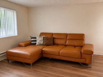Cognac Brown Leather Sectional Sofa with Chaise – Very Good Condition