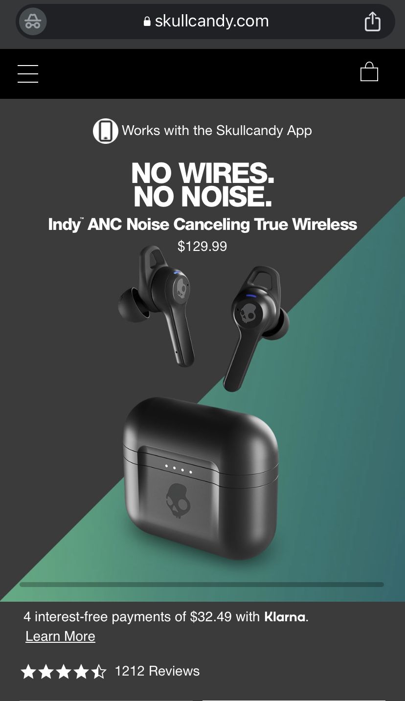 Skullcandy Indy ANC True Wireless In-Ear Earbuds / Active Noise Cancellation, Compatible with iPhone and Android, Bluetooth Earbud Headphone, Charging