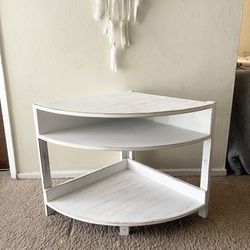 Wooden Wood  Boho Beach White Distressed Washed Corner Nightstand Living Table With Shelf 