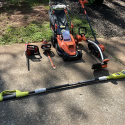 Electric corded, set mower, string, trimmer, edger, hedge, trimmer, chainsaw pole, saw used 140