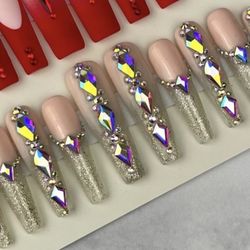 Extra long coffin press on nails rhinestones,glitter,ombré