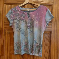 Dressbarn Blue and Pink Fitted Short Sleeve Tee 