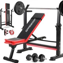 OPPSDECOR 6-in-1 600lb Weight Bench Set, Adjustable Bench and Squat Rack Set, Foldable Workout Benches for Home Gym, Flat Incline Decline Sit-Up Train