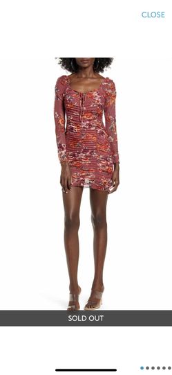 Very sexy mauve floral stretchy ruched mesh bodycon dress medium size new